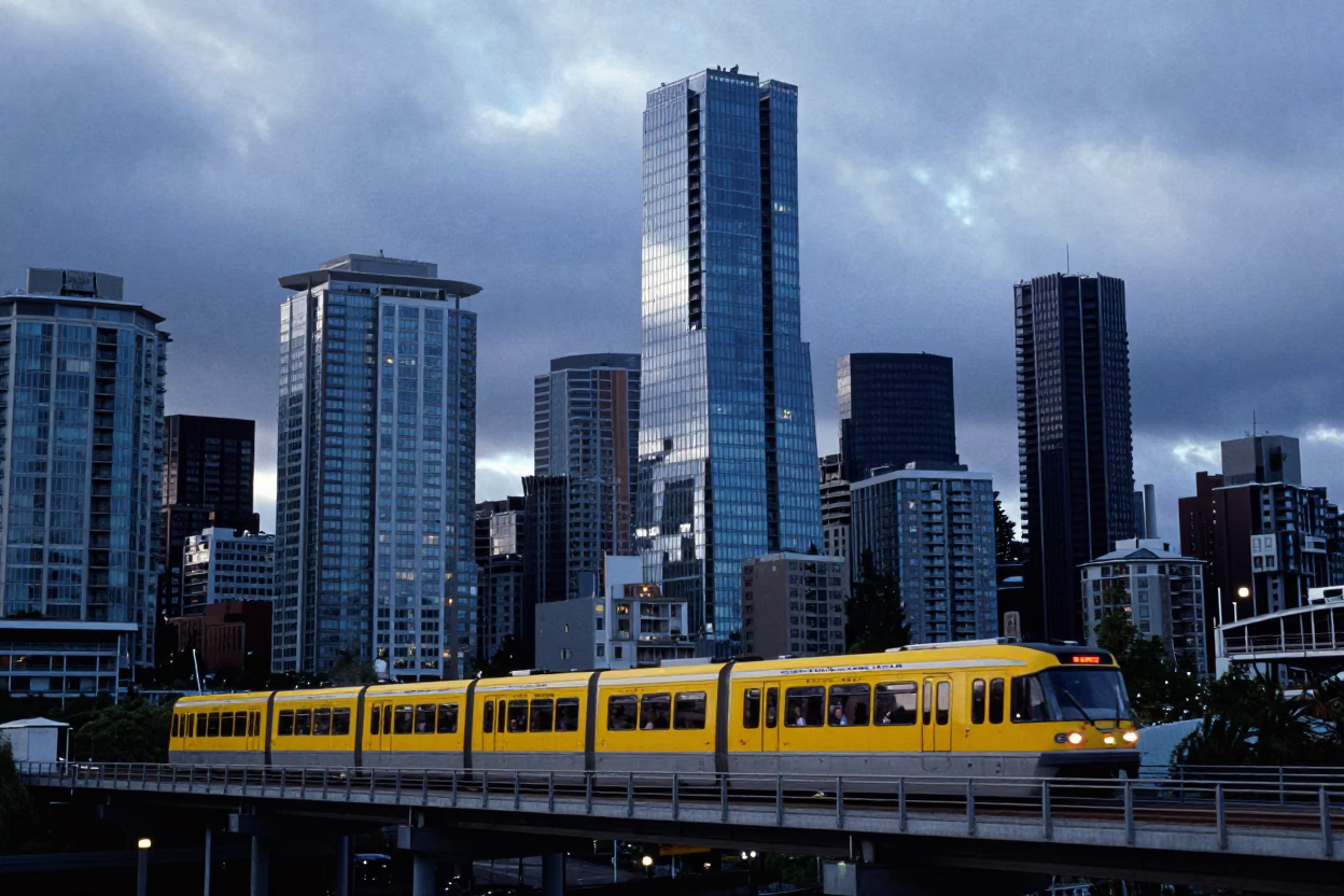 Seattle Washington Nautical Dawn Monorail Glide Past Glass Towers and Rain Boots in in Seattle, Washington, United States