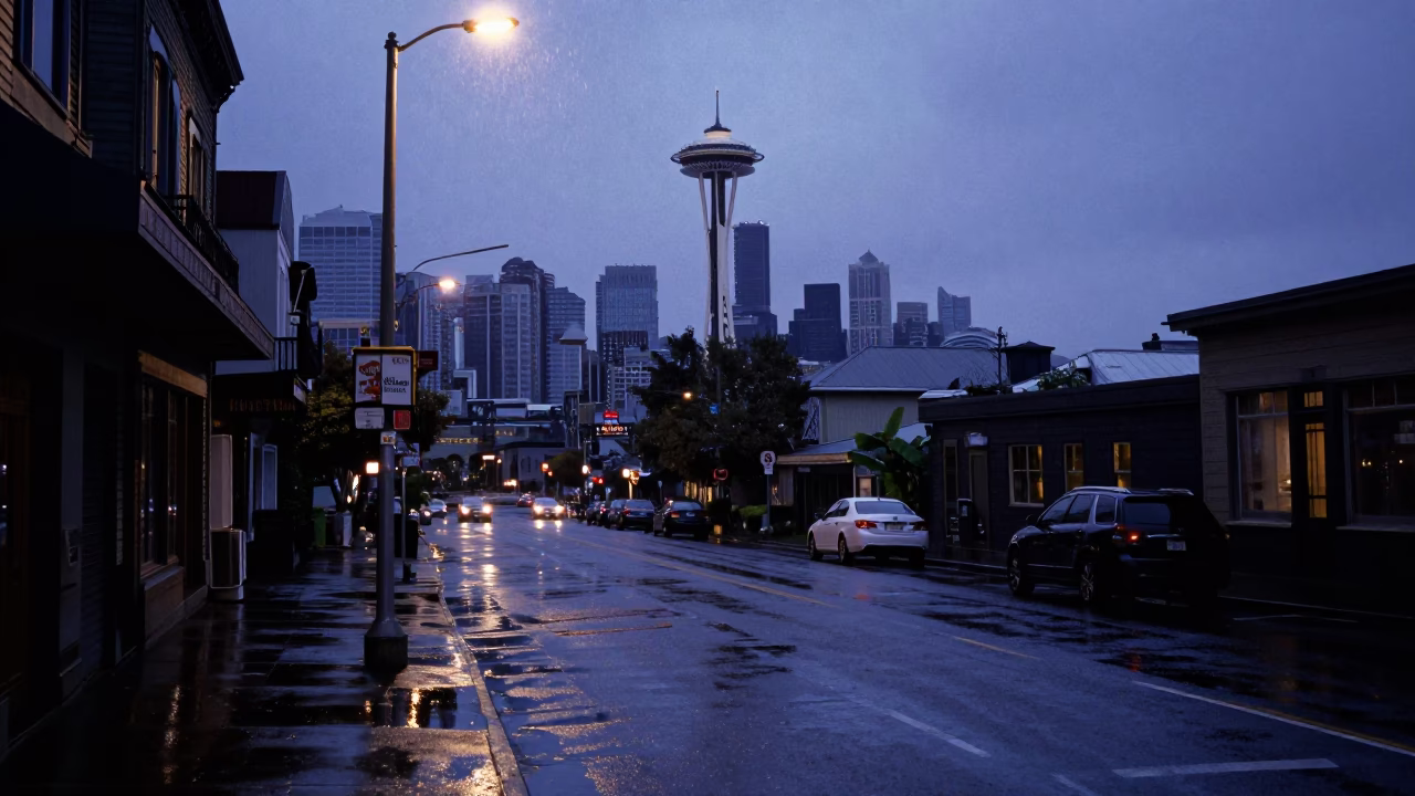 Seattle Washington Nautical Dawn Rainy Street Scene with Wet Pavement Reflections and Urban Architecture in in Seattle, Washington, United States