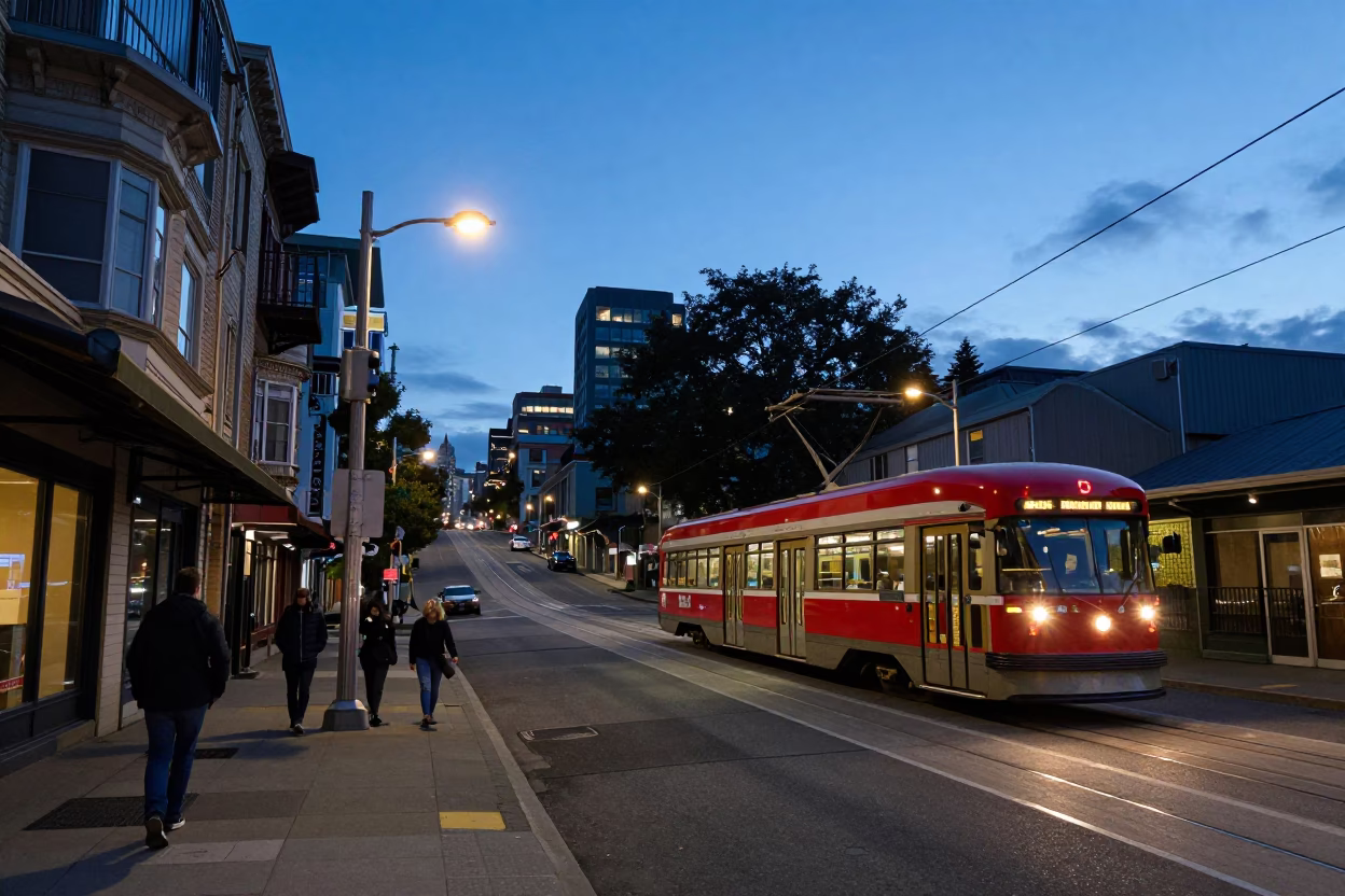Seattle Washington Nautical Dawn Street Scene with Tram and Urban Activity in in Seattle, Washington, United States