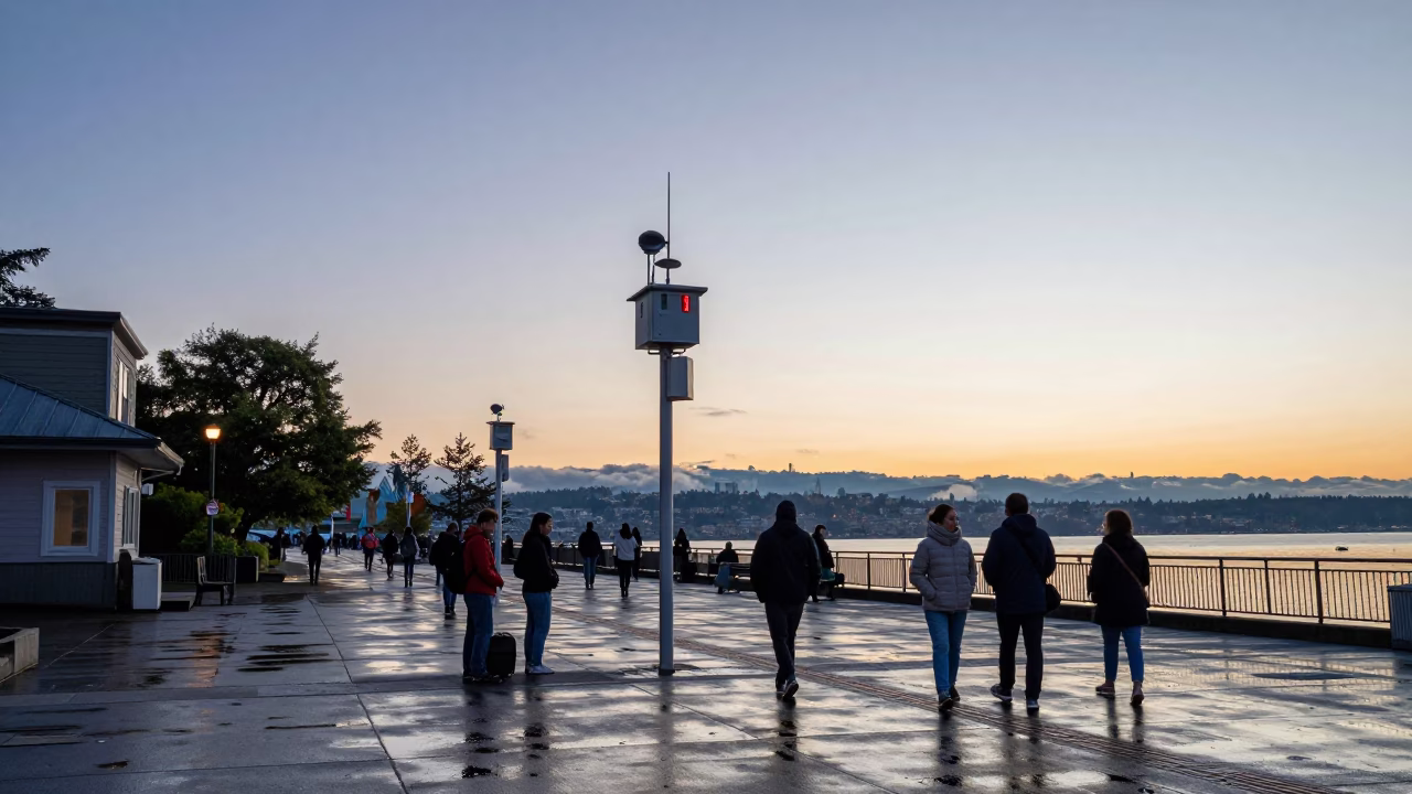 Seattle Washington Nautical Dawn Street Scene with Weather Station and Tidal Water Reflections in in Seattle, Washington, United States