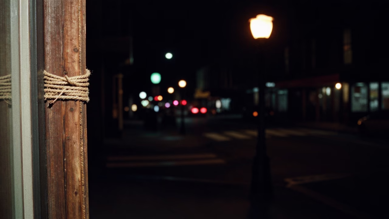 Seattle Washington Night Street Scene with Twine and Lantern at Deepest Night in in Seattle, Washington, United States