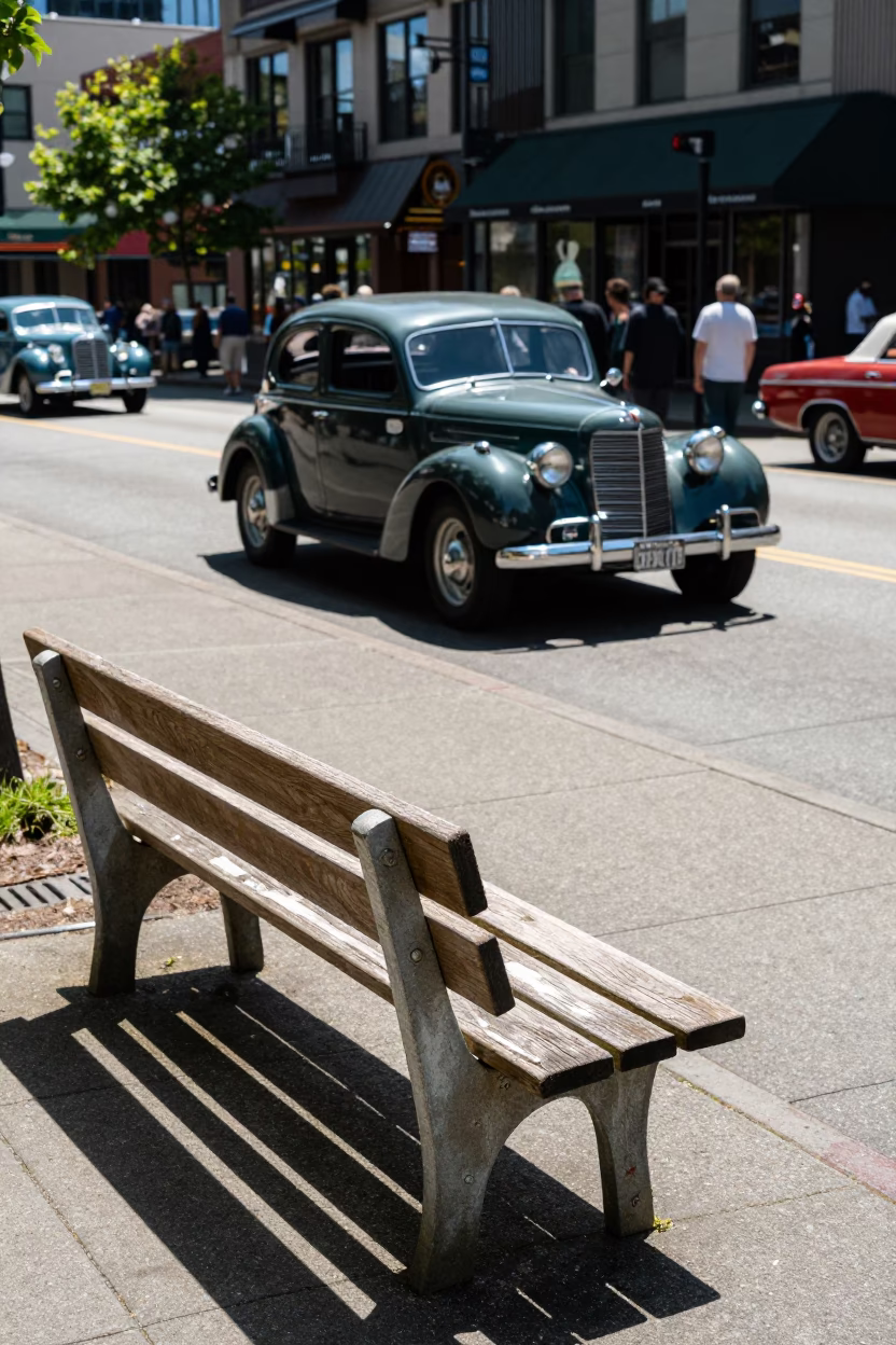 Seattle Washington Noon Light Street Scene with Vintage Car Rally and Domino Box in in Seattle, Washington, United States