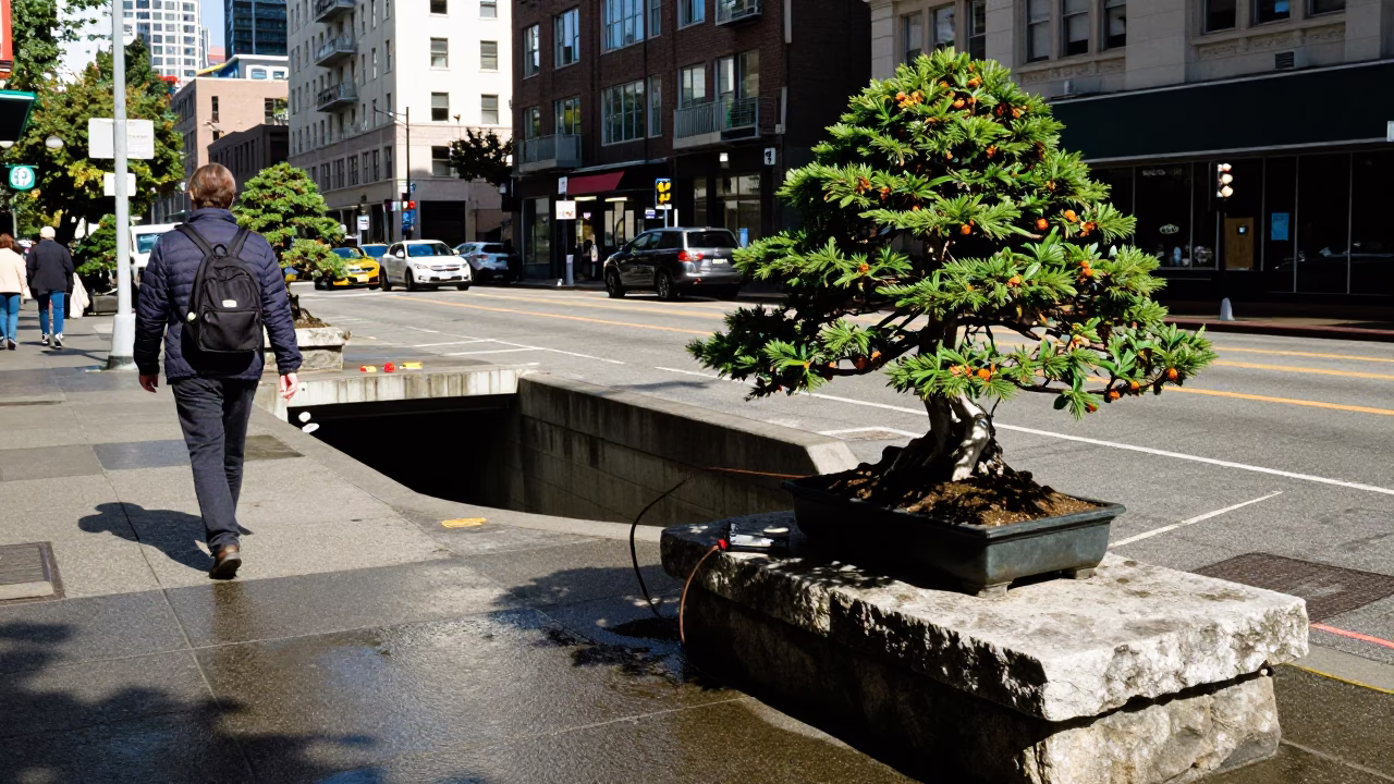 Seattle Washington Noon Street Scene with Bonsai Juniper and Urban Details in in Seattle, Washington, United States