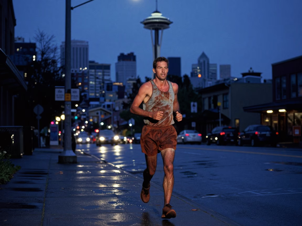 Seattle Washington pre-dawn street scene with rusted runner and damp pavement in in Seattle, Washington, United States