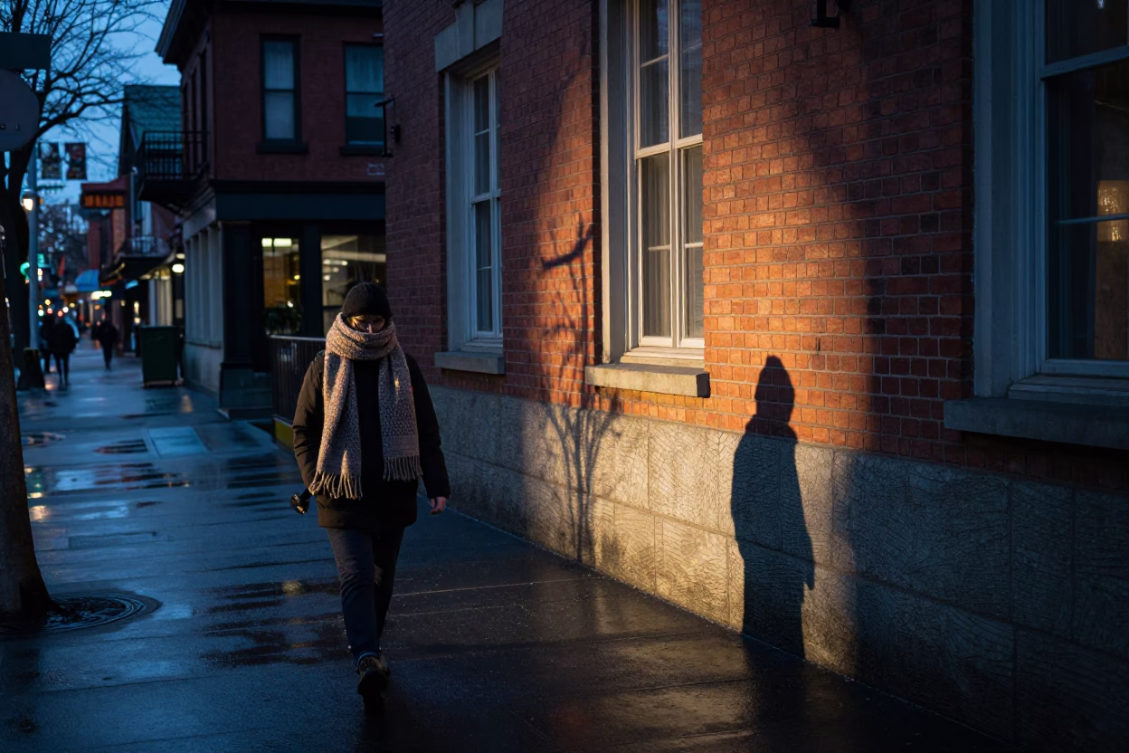 Seattle Washington pre-dawn street scene with scarf and wicker shadow in in Seattle, Washington, United States