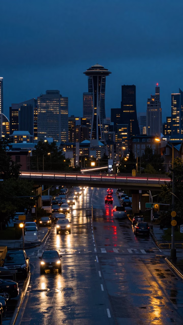 Seattle Washington Predawn Overpass Interchange Glowing With Taillights After Rain in in Seattle, Washington, United States