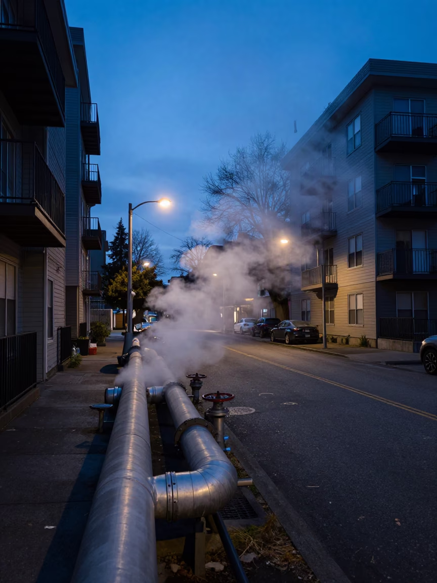 Seattle Washington Predawn Street Scene with District Heating Pipes and Apartment Blocks in in Seattle, Washington, United States