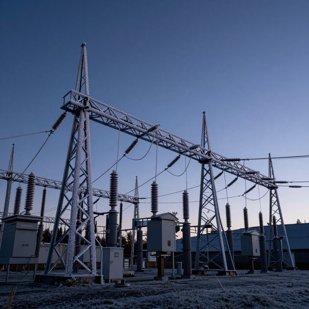 Seattle Washington Predawn Transmission Substation Hoarfrost Before Sunrise in in Seattle, Washington, United States