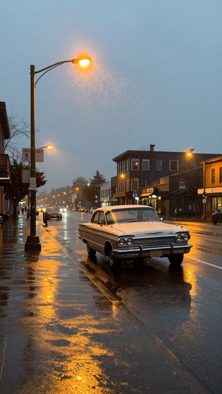 Seattle Washington Rainy Dawn Street Scene with Vintage 1960s Car and Substation Insulators in in Seattle, Washington, United States