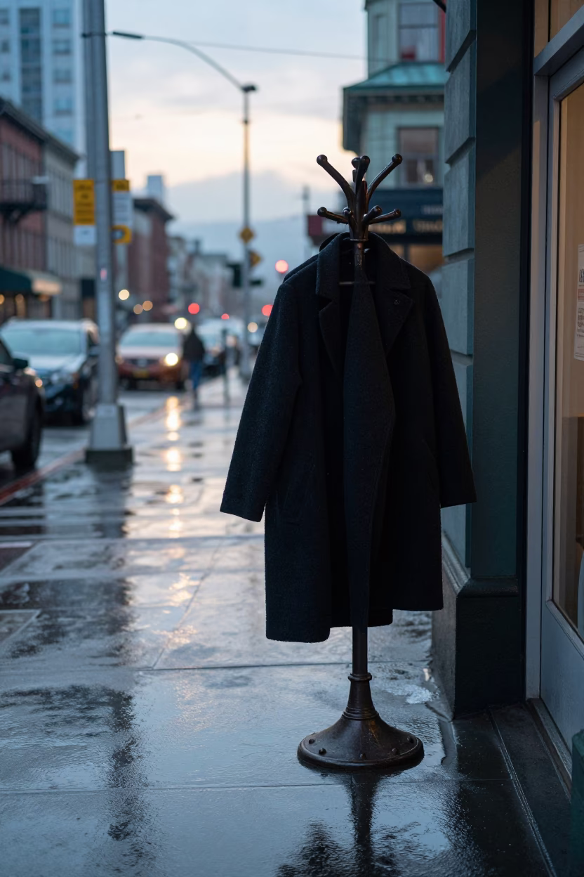 Seattle Washington Rainy Morning Street Scene with Coat Stand and Wet Pavement in in Seattle, Washington, United States