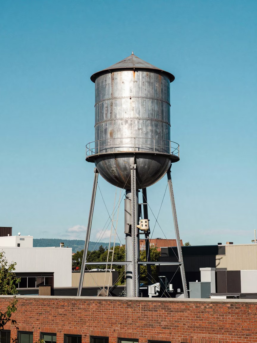 Seattle Washington Rooftop Water Tower Under Flat Noon Glare Colorful Urban Landscape in in Seattle, Washington, United States