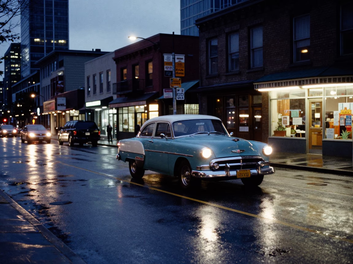 Seattle Washington Street Scene at Dusk with Vintage Cars and City Lights in in Seattle, Washington, United States