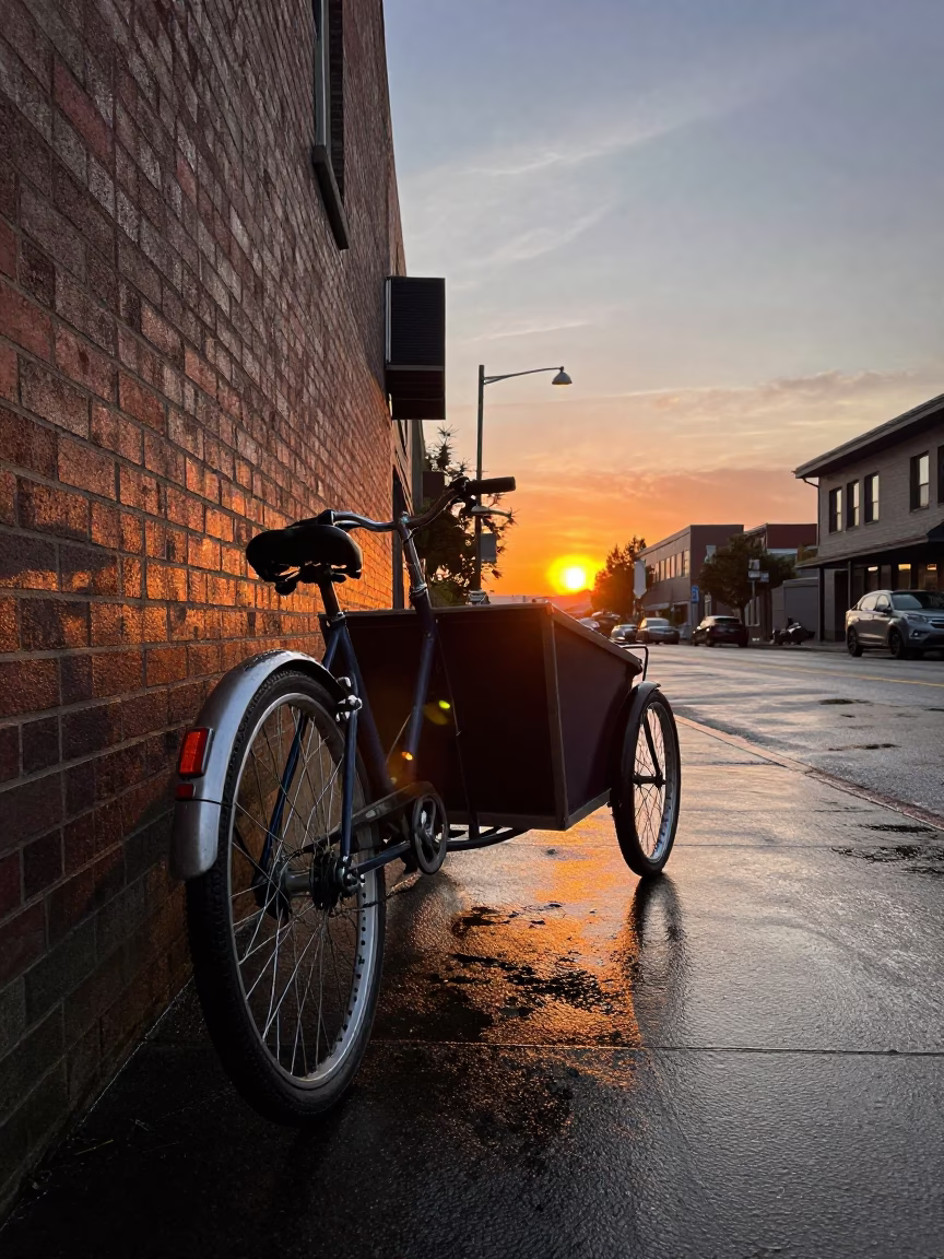 Seattle Washington Street Scene at Sunset with Vintage Cargo Bicycle and Clay Pots in in Seattle, Washington, United States