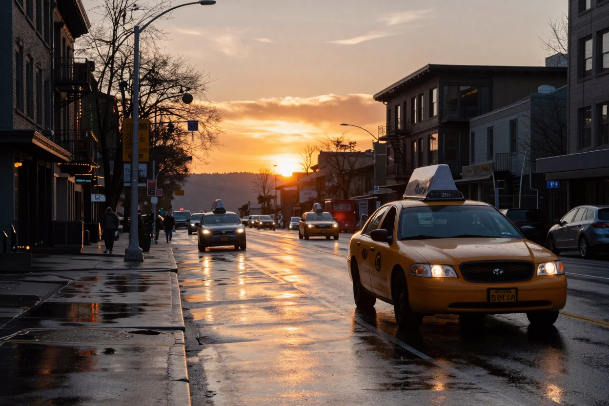 Seattle Washington Street Scene at Sunset with Yellow Taxi in Rain and Urban Architecture in in Seattle, Washington, United States