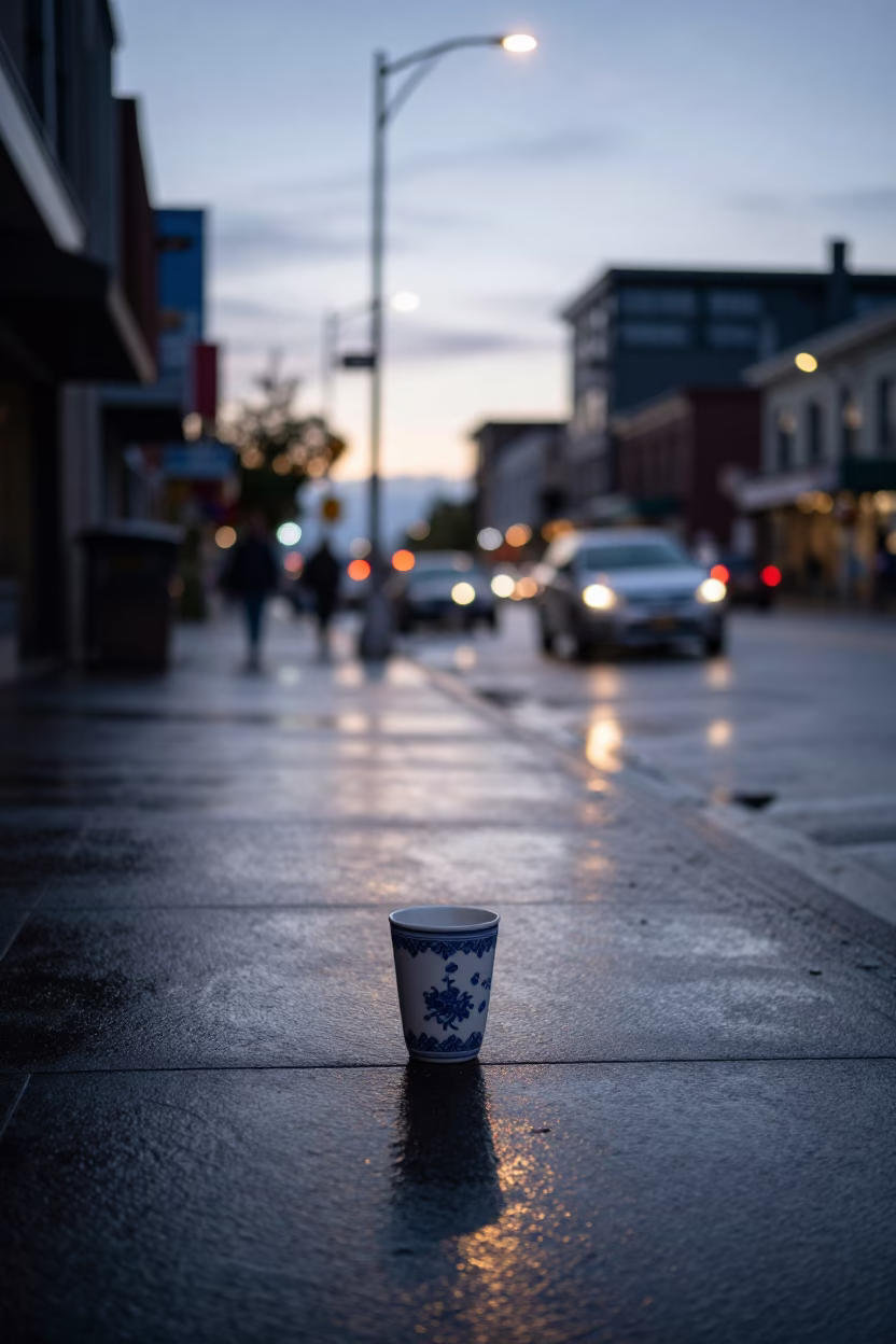Seattle Washington Street Scene Before Sunrise with Cup and Porcelain Jar in in Seattle, Washington, United States