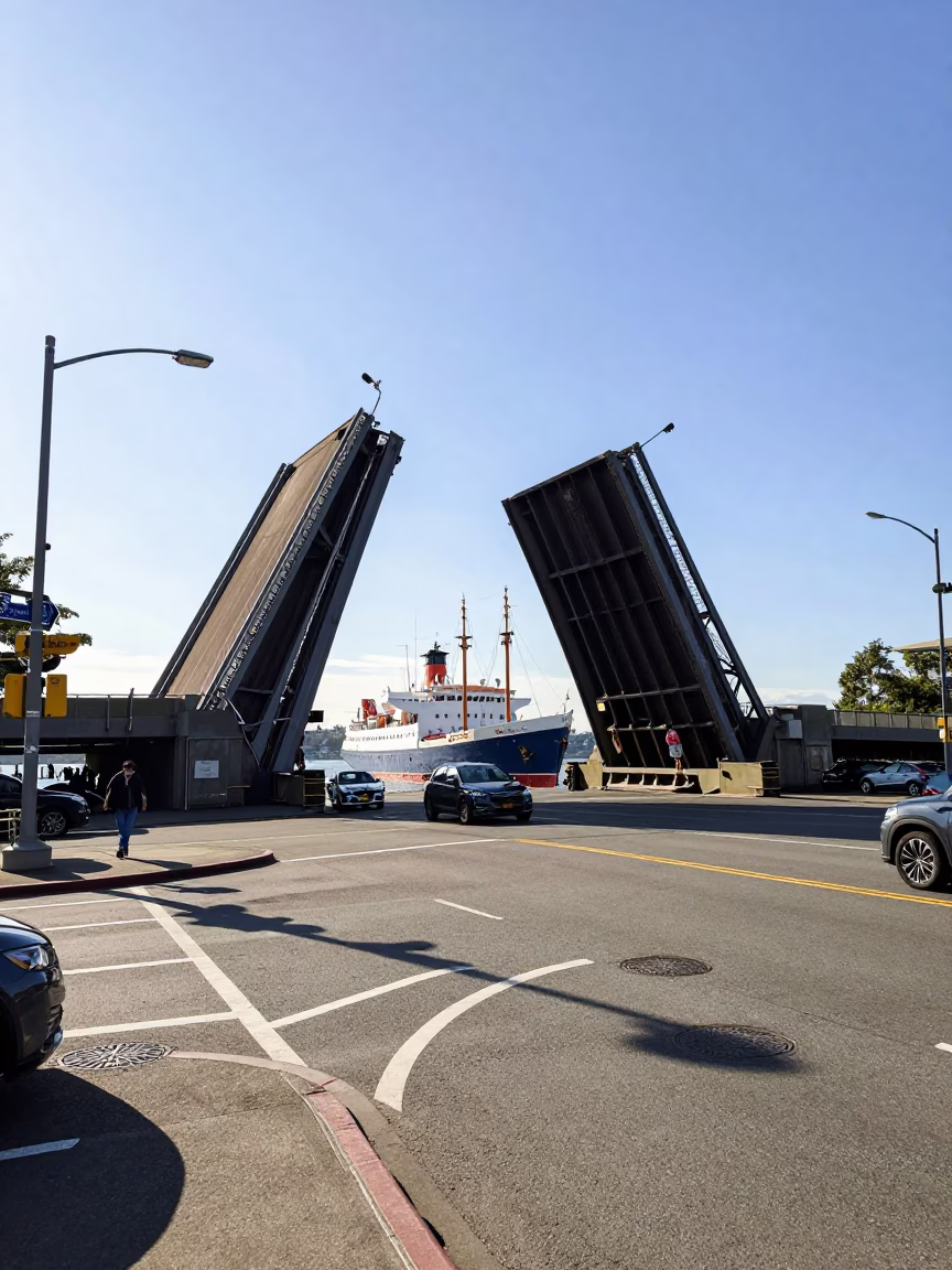 Seattle Washington street scene midmorning light with raised drawbridge and local activity in in Seattle, Washington, United States