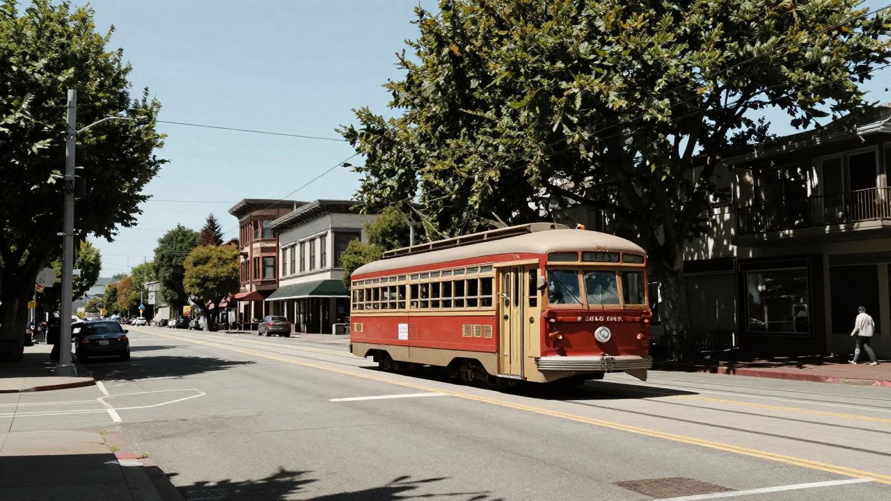 Seattle Washington Street Scene Under Flat Noon Glare with Vintage Trolley Car in in Seattle, Washington, United States