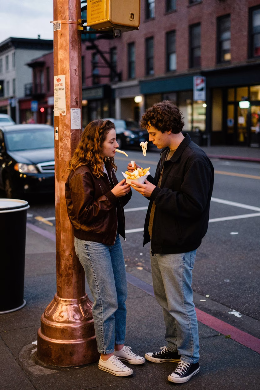 Seattle Washington Street Scene with Belgian Fries and Mayonnaise in Copper Dusk Light in in Seattle, Washington, United States
