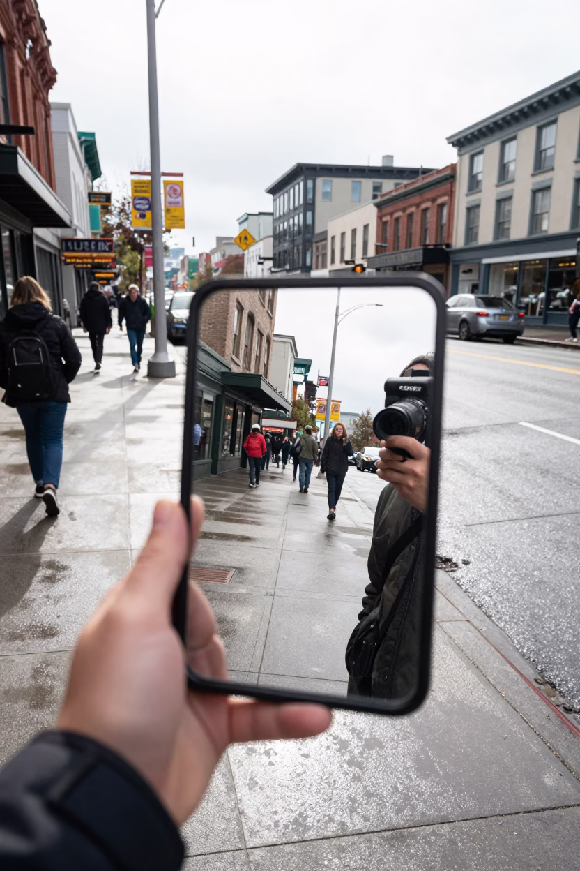 Seattle Washington Street Scene with Hand Mirror Reflection in Bright Midmorning Light in in Seattle, Washington, United States