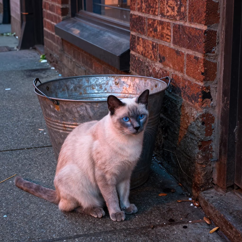Seattle Washington Street Scene with Tonkinese Cat and Metal Bucket in Copper Dusk Light in in Seattle, Washington, United States