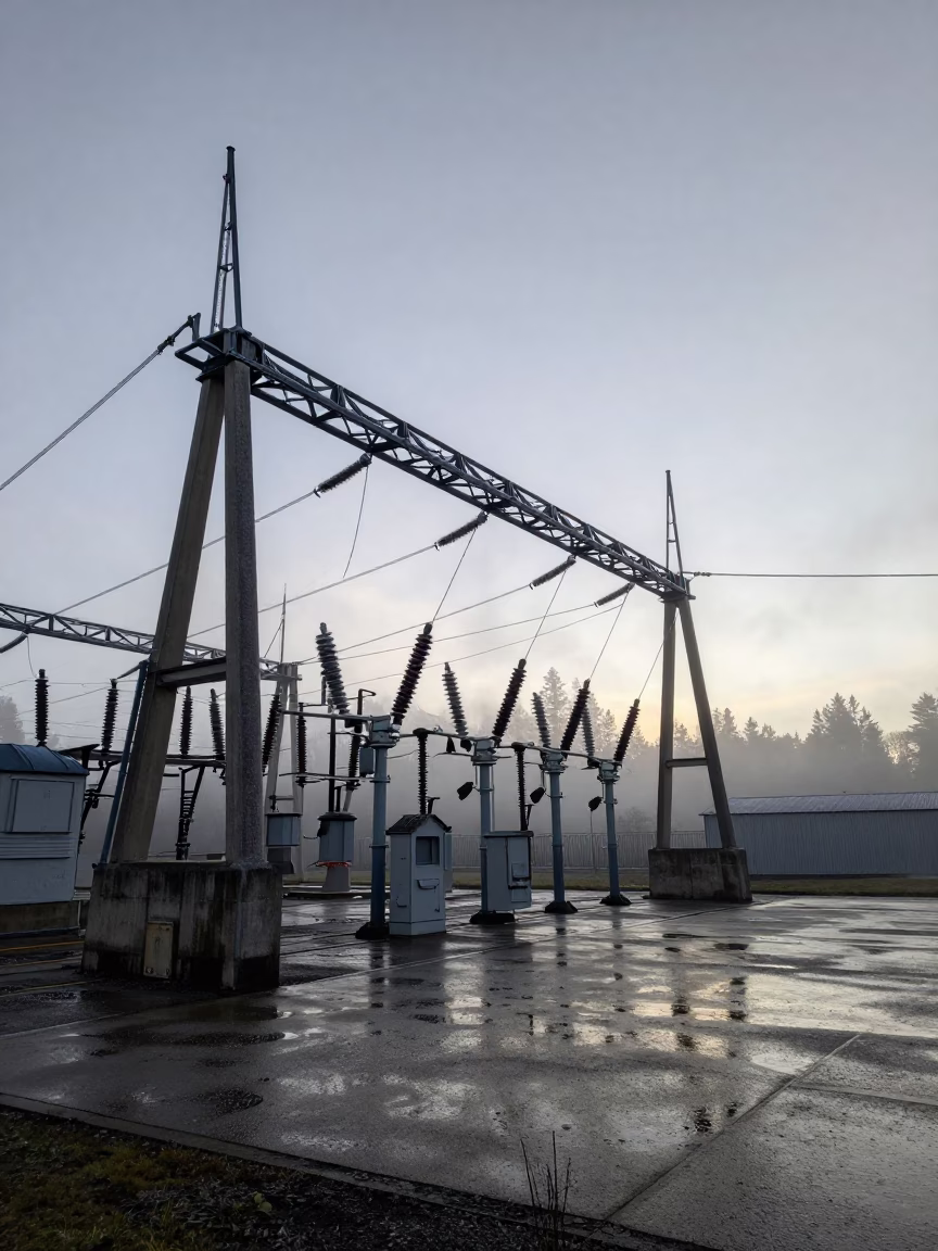 Seattle Washington Substation in Morning Fog with Rainwater Puddles Before Sunrise in in Seattle, Washington, United States