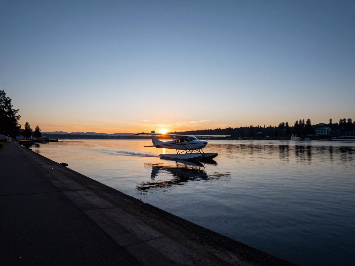 Seattle Washington Sunset Floatplane River Reflection 1980s Photography in in Seattle, Washington, United States