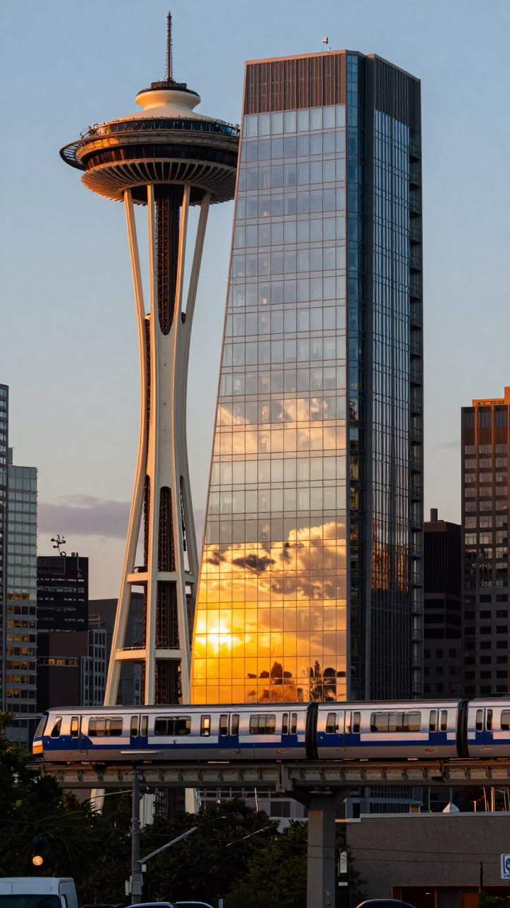 Seattle Washington Sunset Monorail Reflection in Glass Skyscraper Downtown in in Seattle, Washington, United States