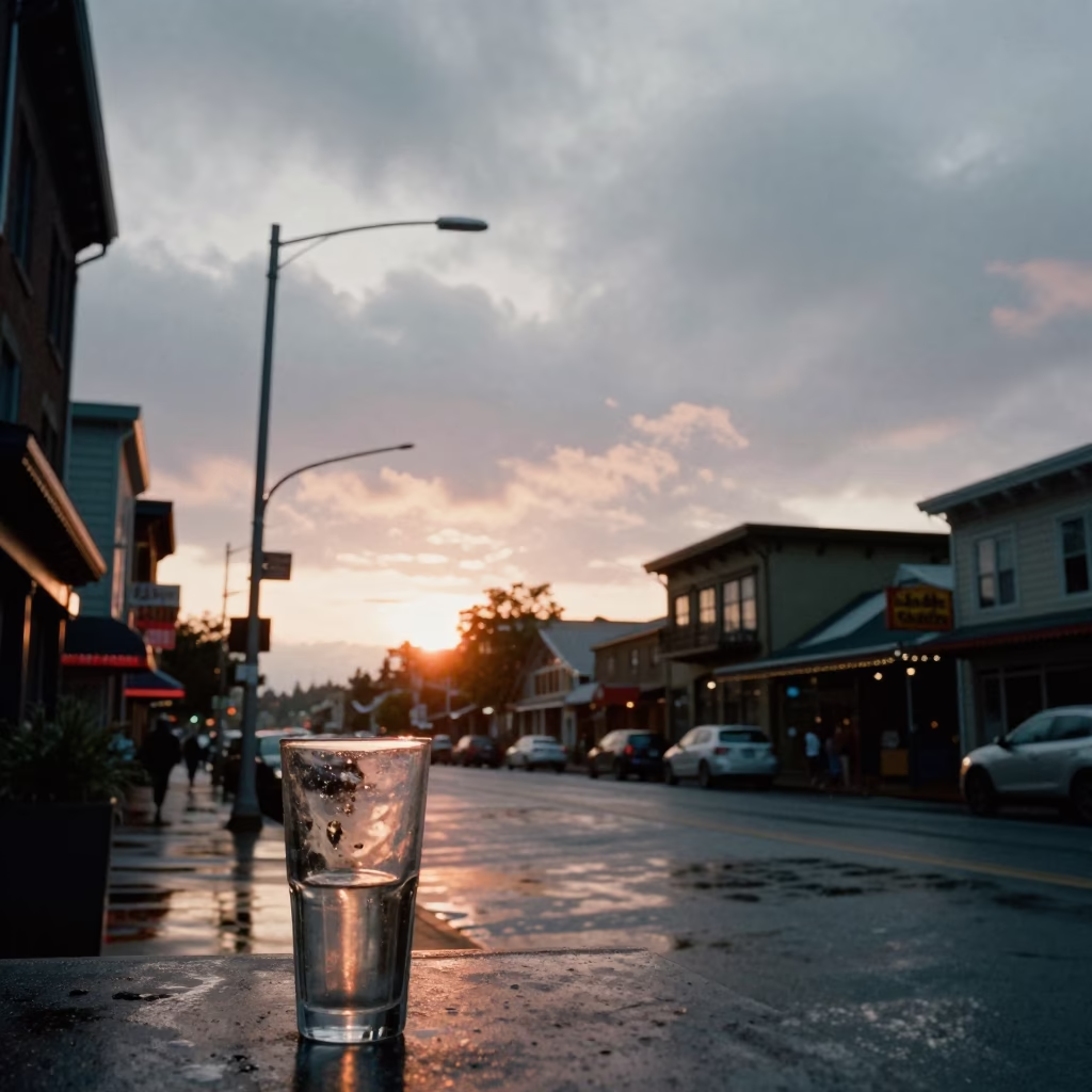 Seattle Washington Sunset Street Scene with Glass Tumbler and Local Transit in in Seattle, Washington, United States