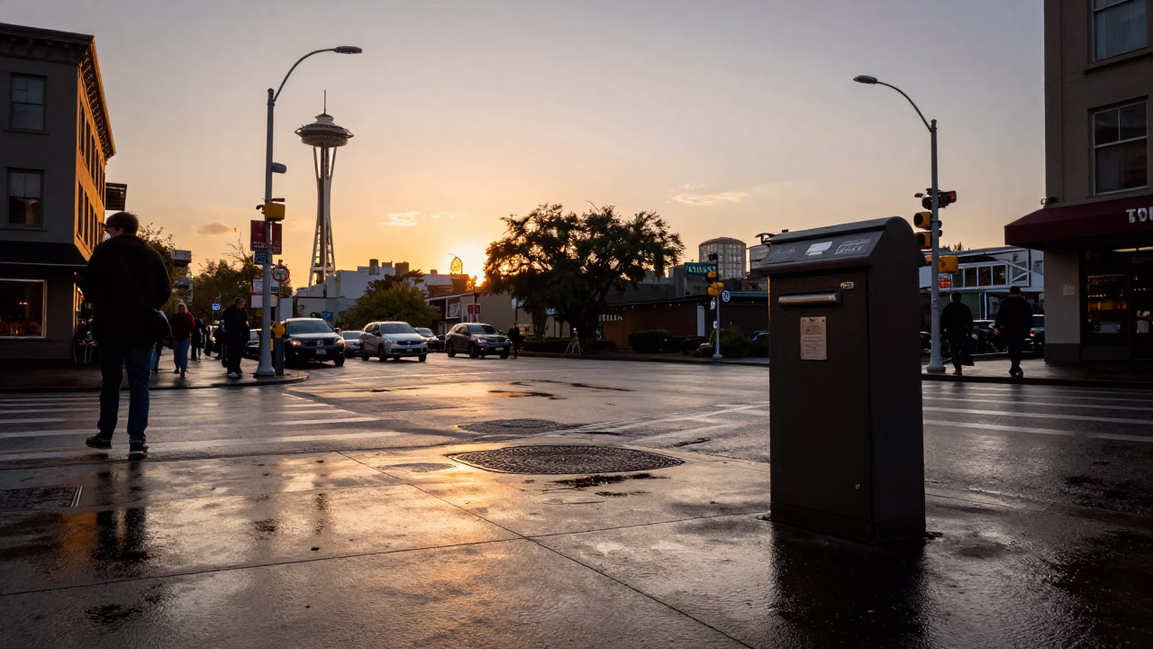 Seattle Washington Sunset Street Scene with Lockbox and Urban Life in in Seattle, Washington, United States