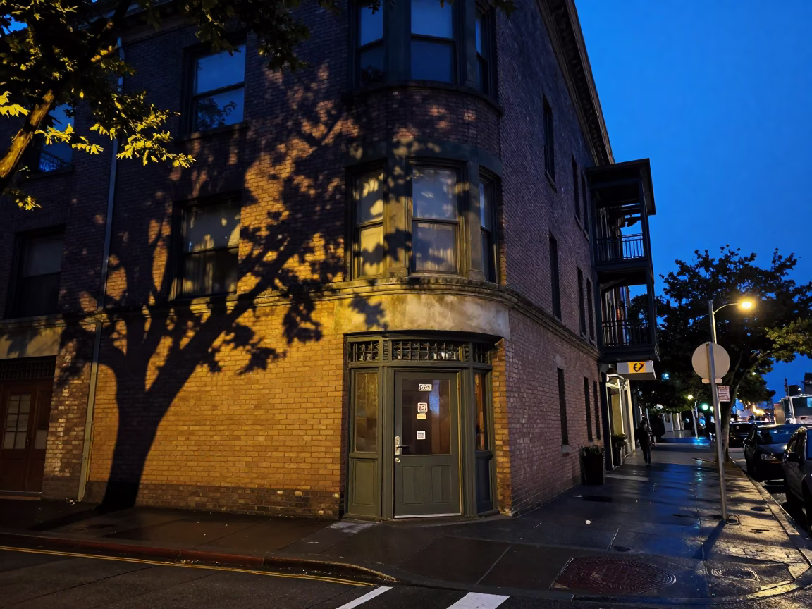 Seattle Washington Twilight Street Scene with Leaf Shadows and Vintage Architecture in in Seattle, Washington, United States