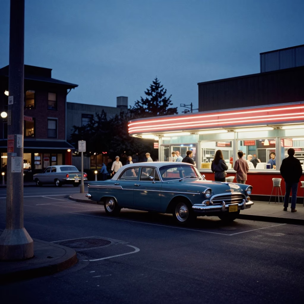 Seattle Washington Twilight Street Scene with Vintage Car and Diner Window Reflections in in Seattle, Washington, United States