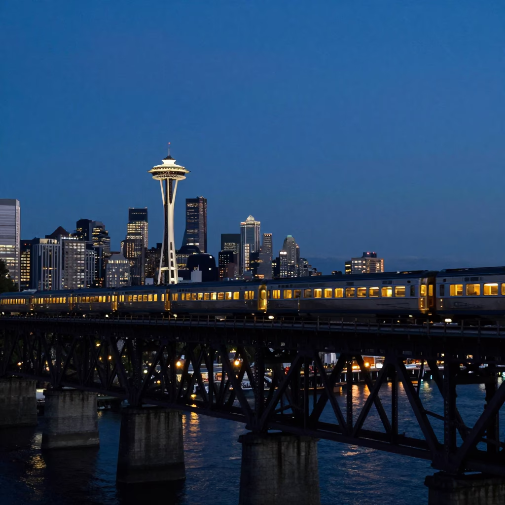 Seattle Washington Viaduct at Twilight with Sleeper Train Crossing Bridge and City Lights in in Seattle, Washington, United States
