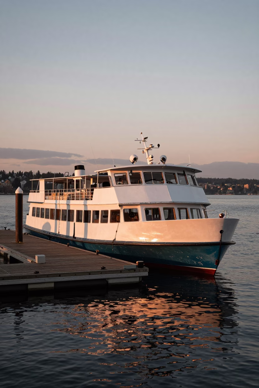 Seattle Water Taxi at Floating Dock in Copper Toned Light Before Dusk in in Seattle, Washington, United States