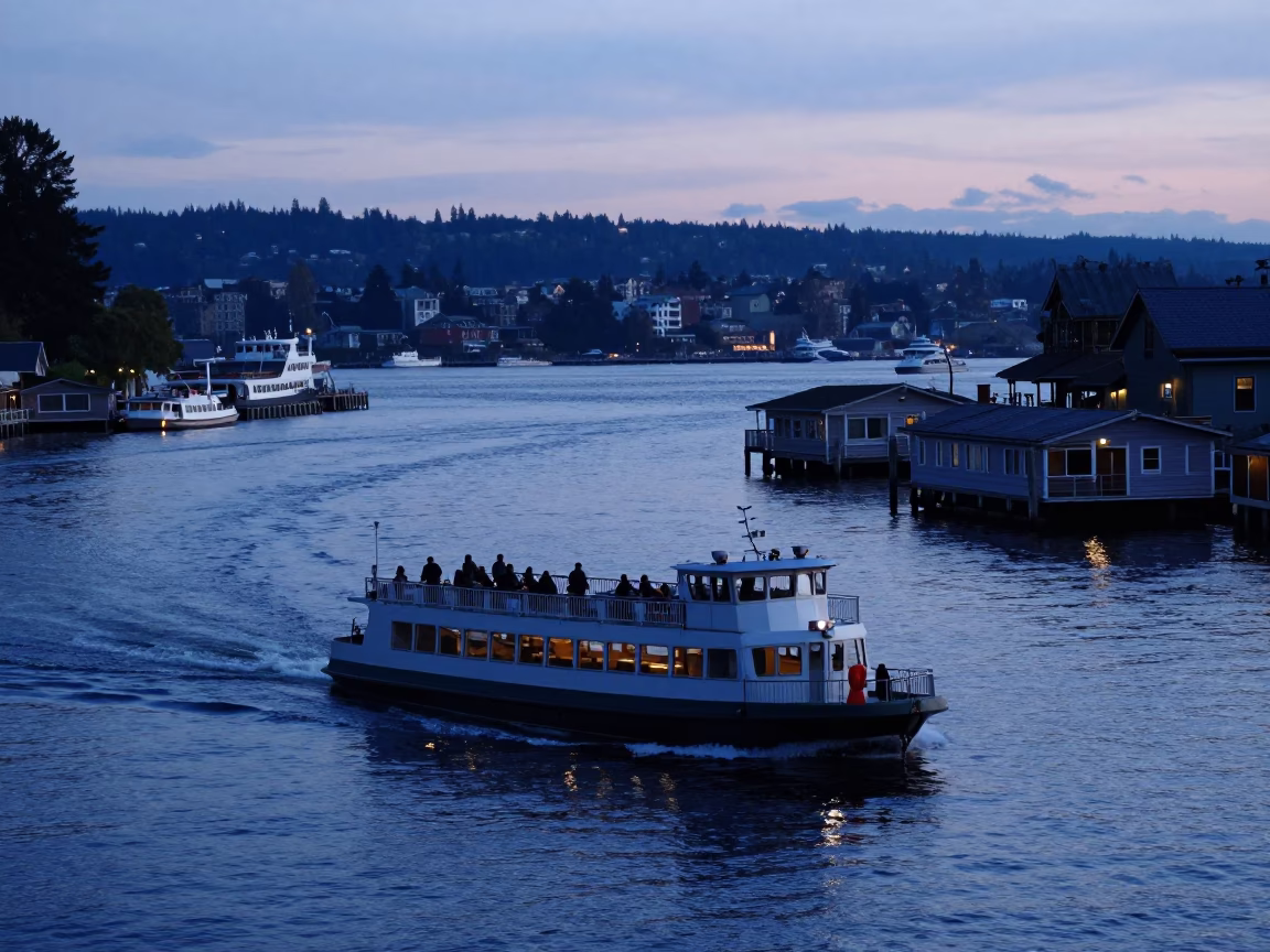 Seattle Water Taxi Navigating Canals Before Dawn with Houseboats and City Lights in in Seattle, Washington, United States
