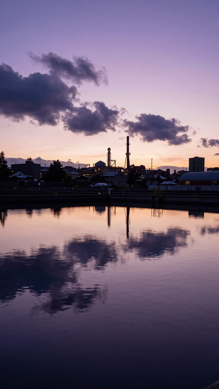 Seattle Water Treatment Basin Reflection at Sunset with Industrial Clouds in in Seattle, Washington, United States