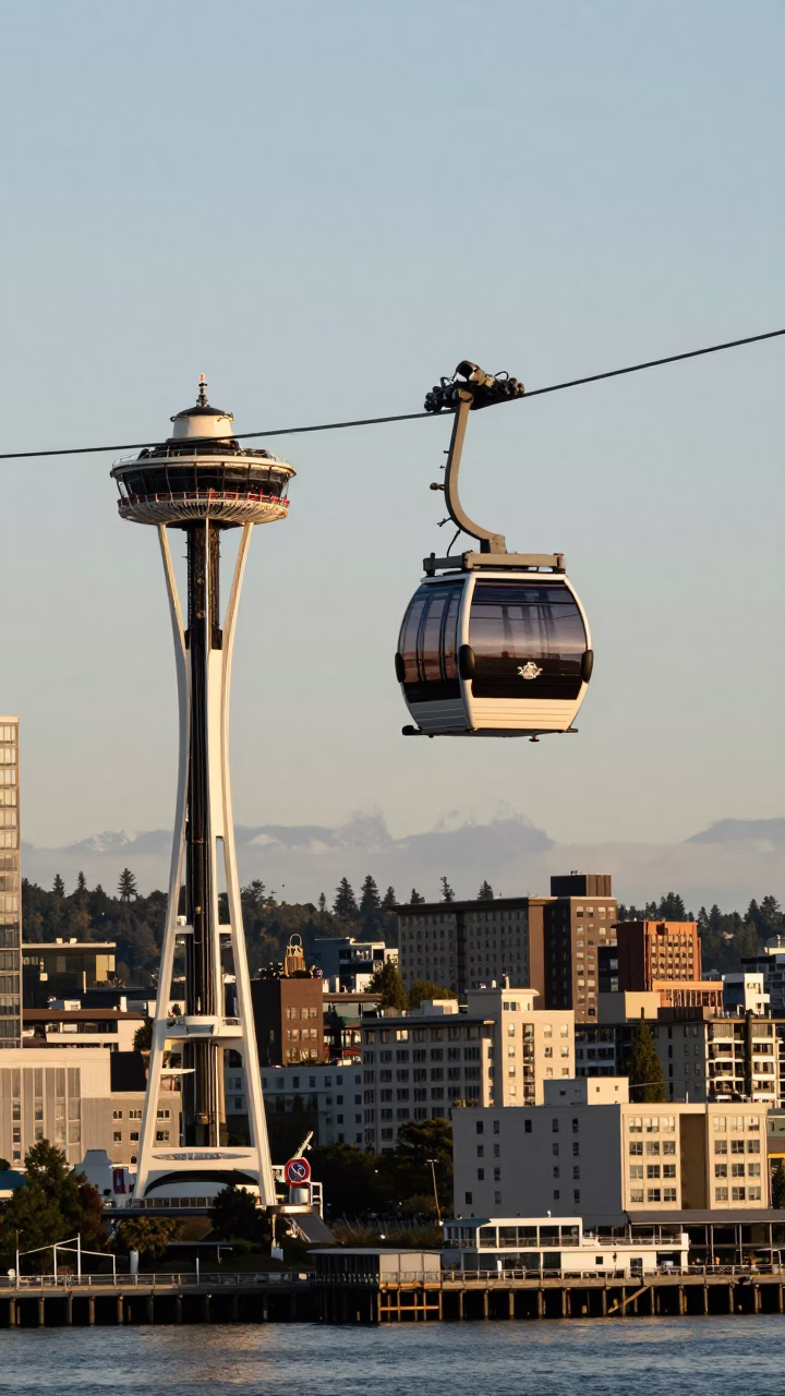 Seattle Waterfront Aerial Tramway Gondola Against Clear Late Afternoon Sky in in Seattle, Washington, United States