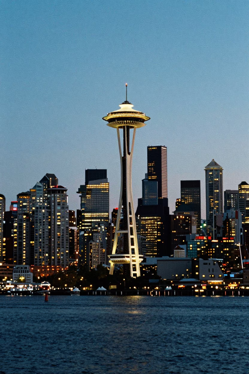 Seattle Waterfront at As City Lights Begin To Glow in in Seattle, Washington, United States