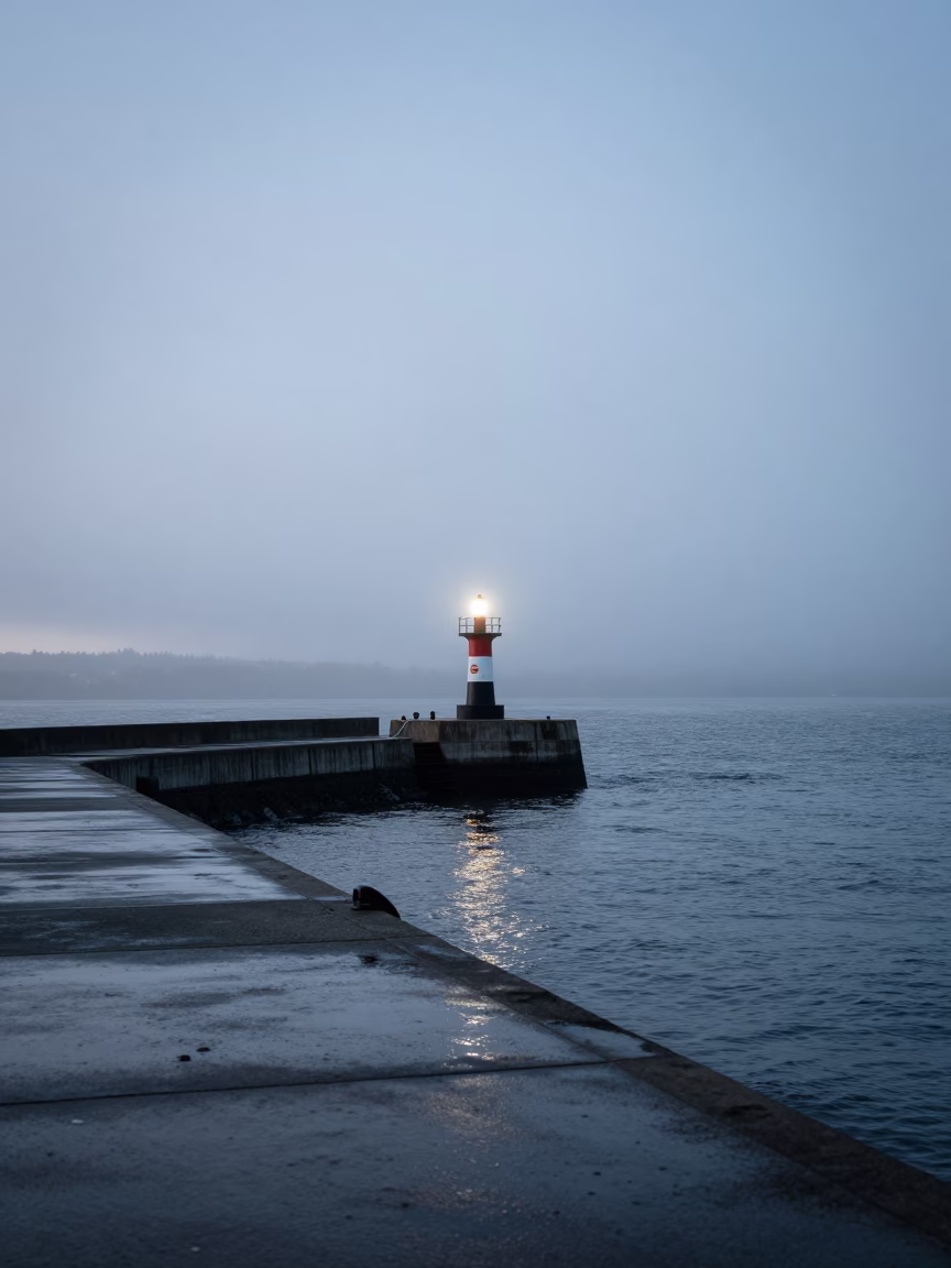 Seattle waterfront breakwater beacon blinking through sea mist before sunrise in in Seattle, Washington, United States