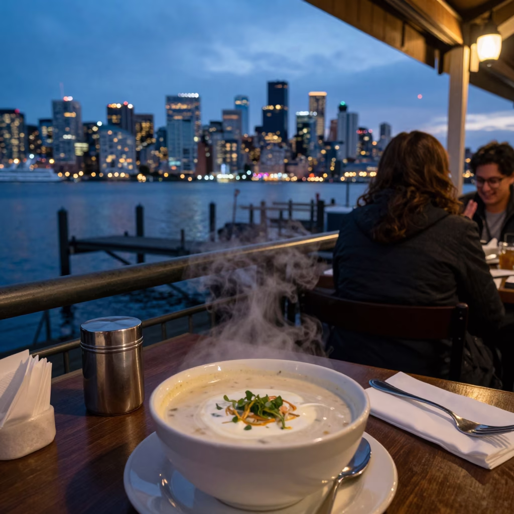 Seattle Waterfront Evening Dining with Clam Chowder and City Lights Glow in in Seattle, Washington, United States