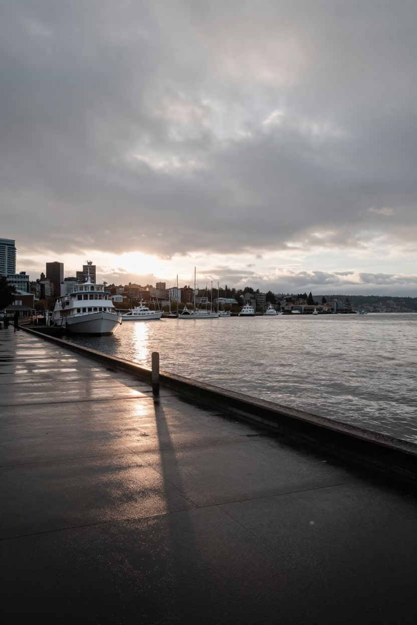 Seattle Waterfront Late Afternoon View of Harbor Boats and City Skyline in in Seattle, Washington, United States