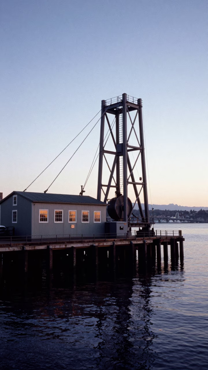 Seattle Waterfront Pre-Dawn Scene with Drawbridge Counterweight and Urban Street Elements in in Seattle, Washington, United States