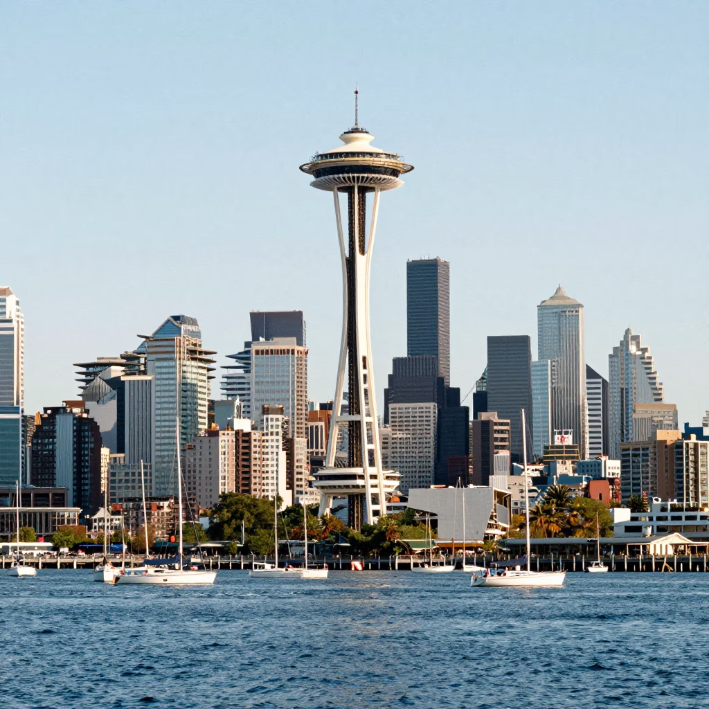 Seattle Waterfront View with Sailboats and Space Needle in Bright Midmorning Light in in Seattle, Washington, United States