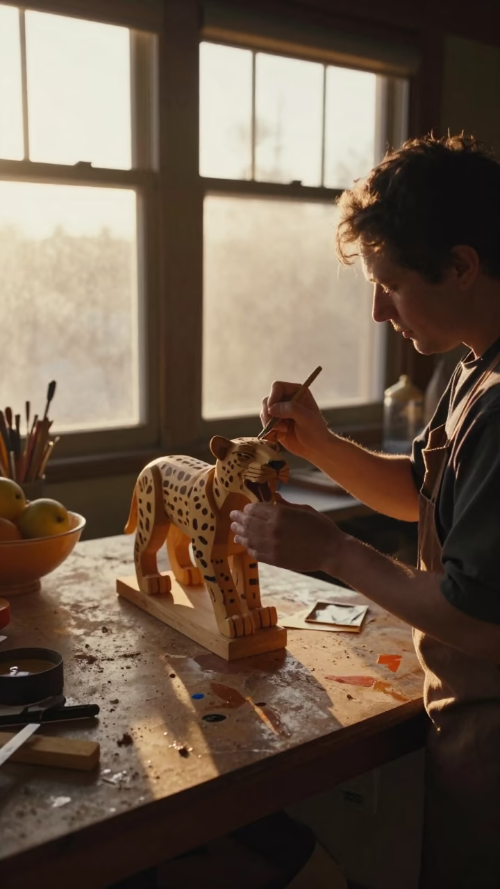 Seattle Worker Painting Wooden Jaguar Alebrije at Golden Hour Workbench in in Seattle, Washington, United States