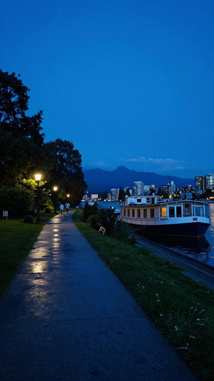 Seawall Path Evening Stroll with Houseboat Garden and Suspension Bridge in Vancouver BC in in Vancouver, British Columbia, Canada