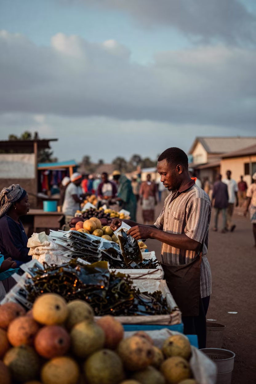 Seaweed Vendor at Gusau Fruit Stand Dusk in at a roadside fruit stand in Gusau
