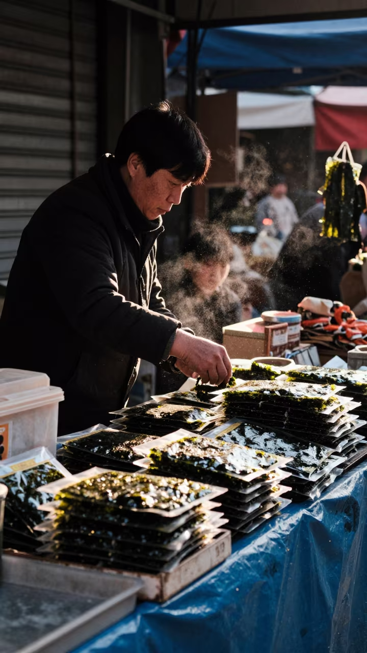Seaweed Vendor in Toronto Market Before Dawn in in a flea market lane in Toronto
