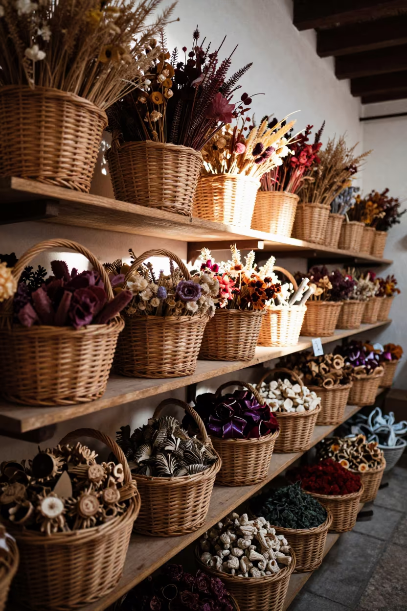 Second Sun Over Wicker Potpourri Baskets in on a wooden shelf inside a covered market in Chihuahua