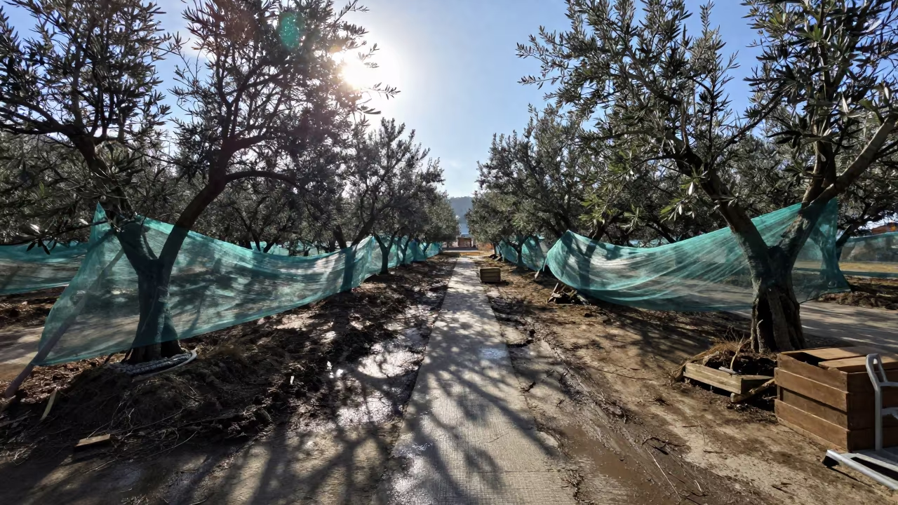 Second Sun Over Winter Olive Grove Nets in among orchard ladders and crates near Busan