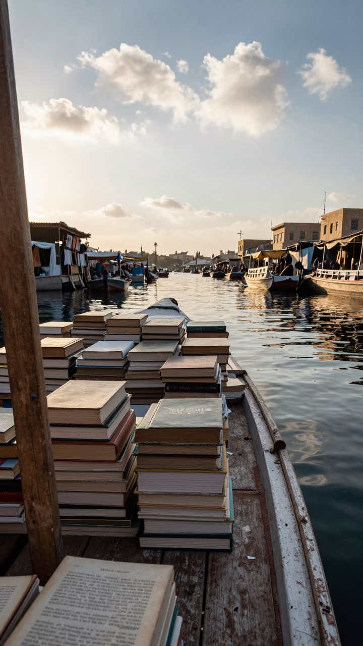 Secondhand Books on Cairo Floating Market Boat in at a floating market boat in Islamic Cairo, Cairo