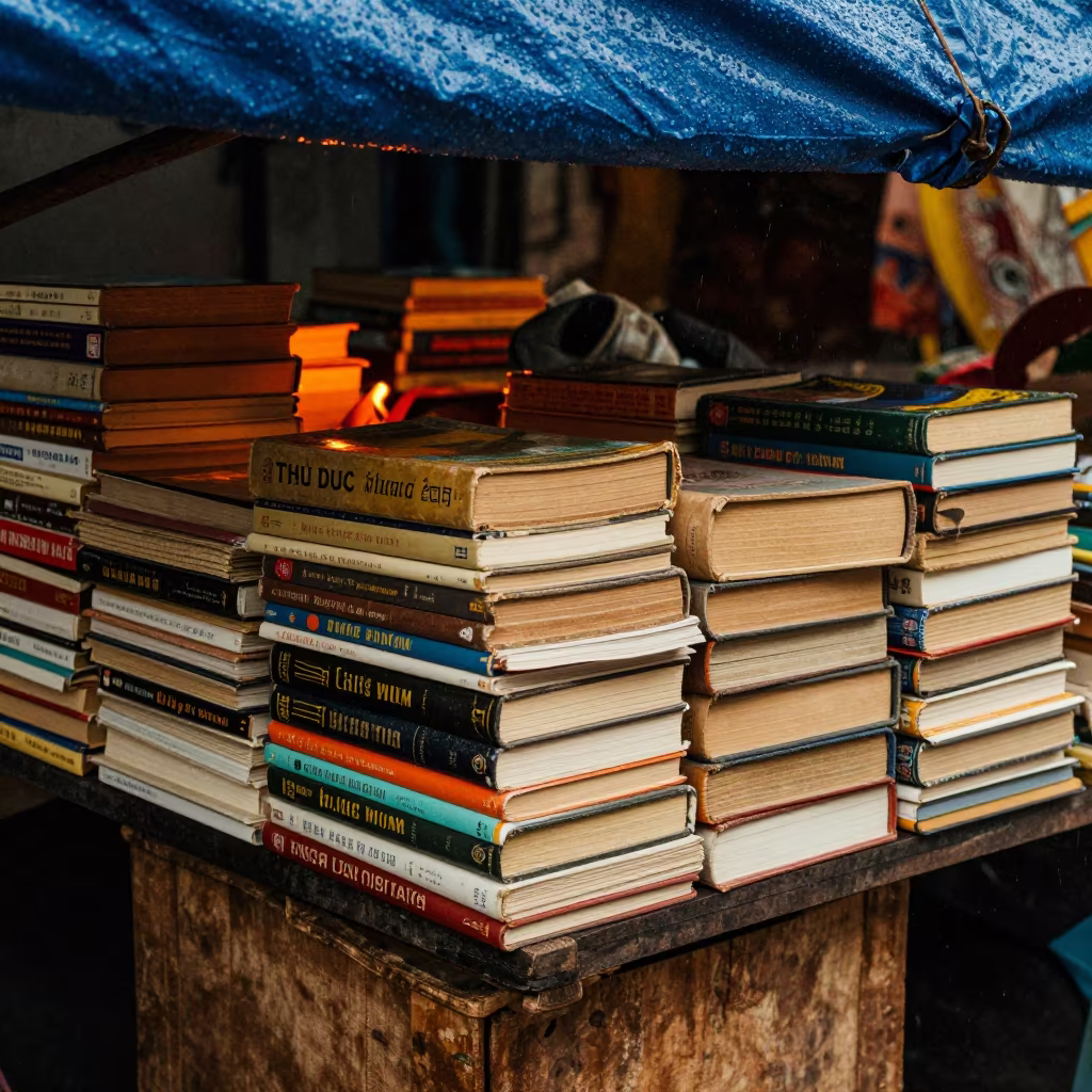 Secondhand Books at Vietnam Market Stall in at a textile trader's stall in Thủ Đức